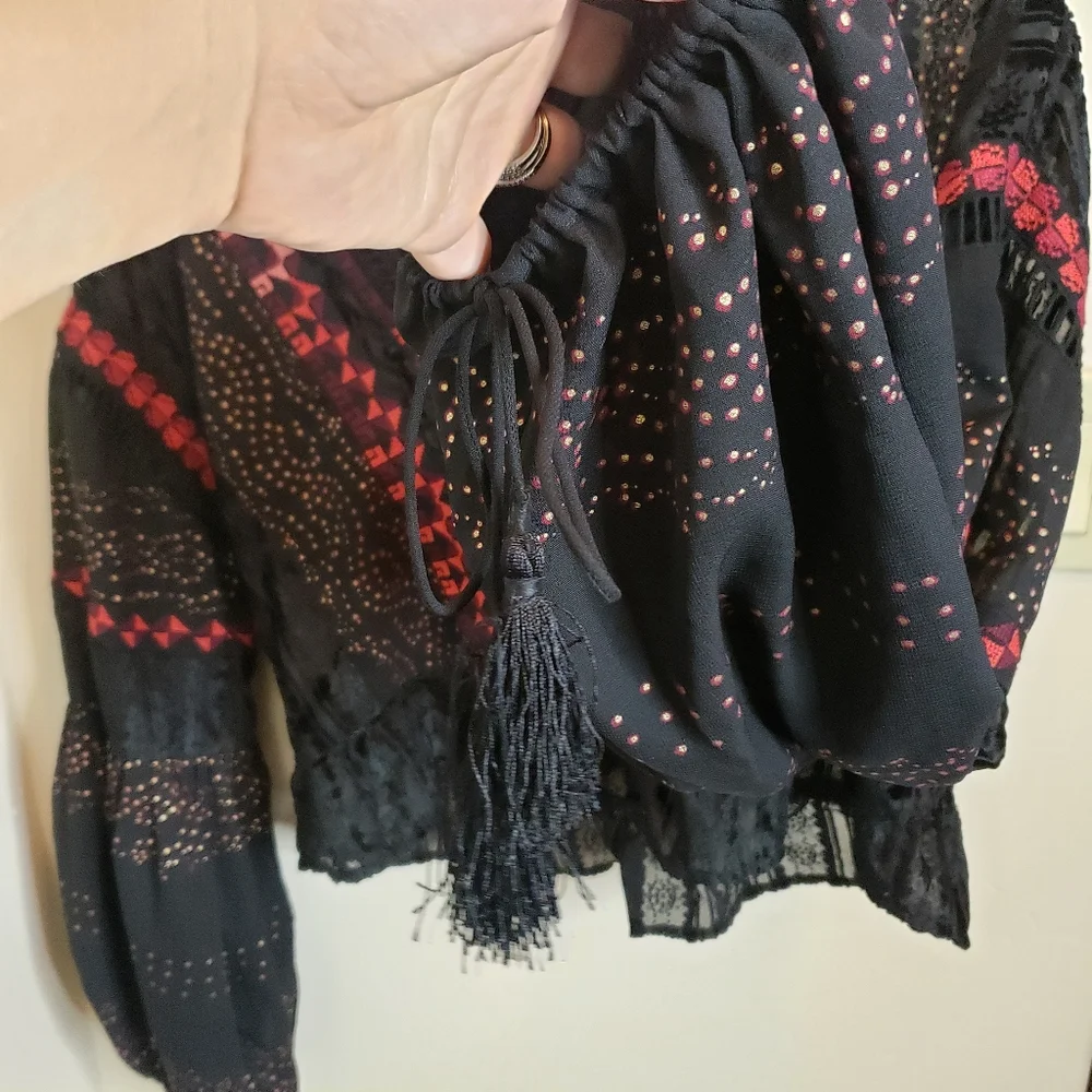 Free People embroidery and lace bell sleeve crop blouse, black and red, XS